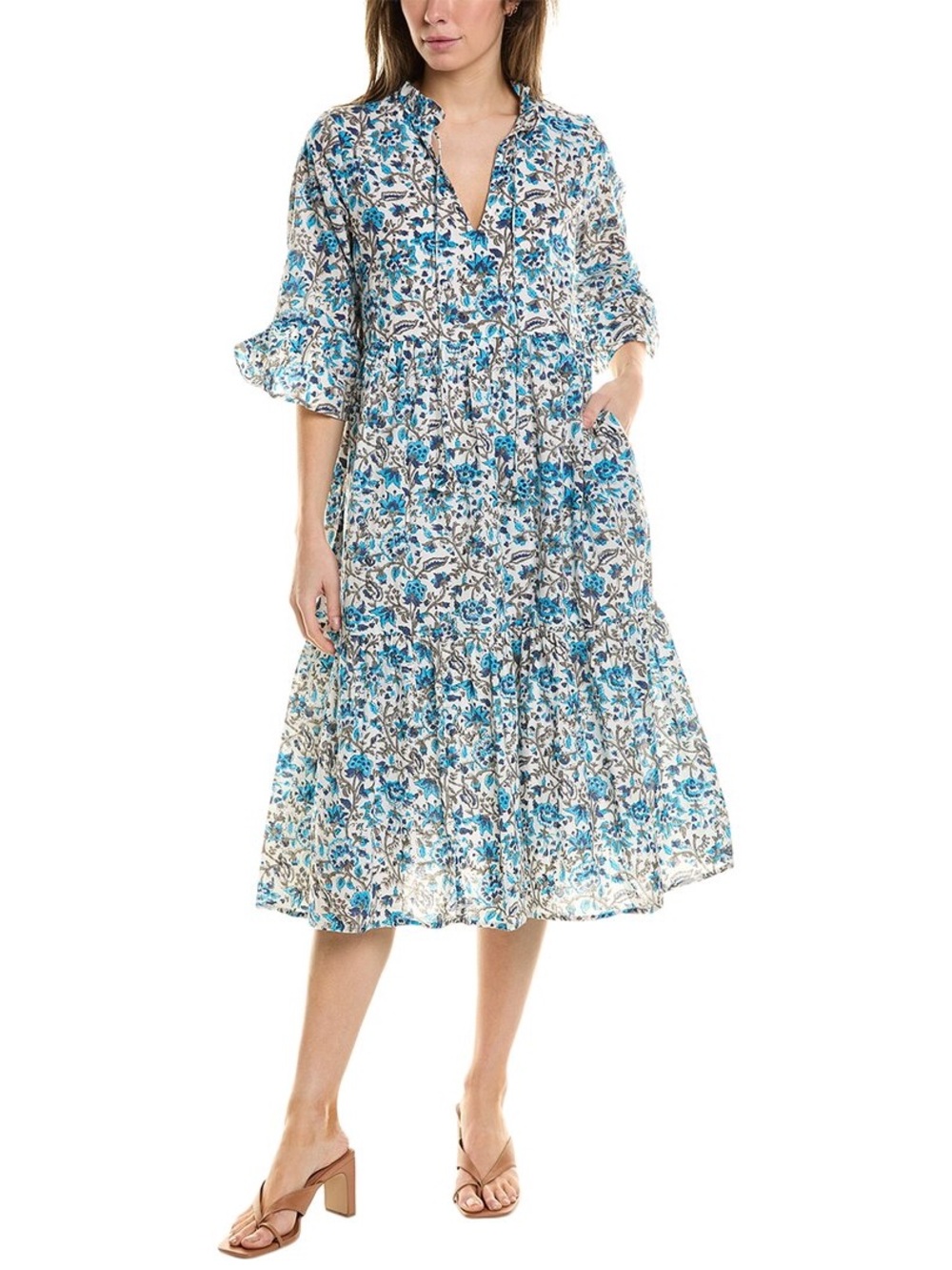 Sole Milano Blue White Floral 100% Cotton Tiered Skirt Below Knee Dress Medium